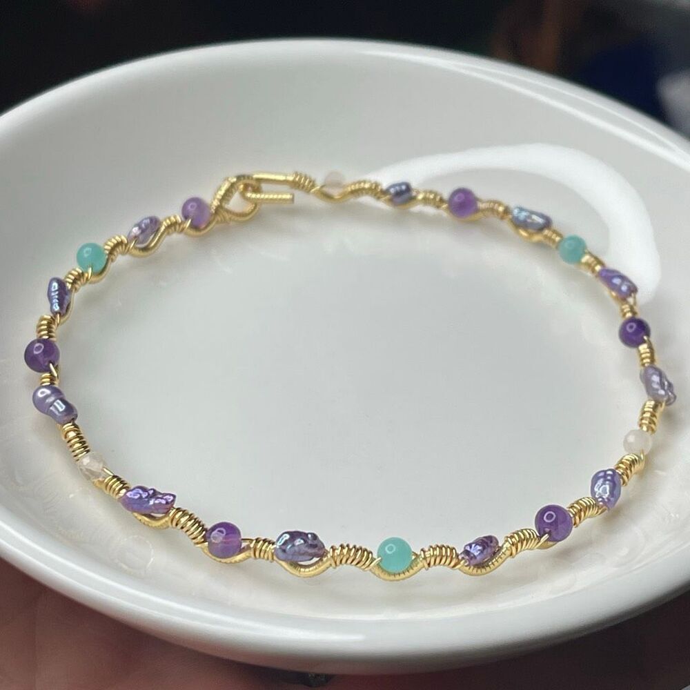 Mermaid bangle bracelet 8” gold copper core lavender dyed pearl amethyst rose qu
